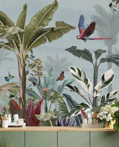 blå jungle tapet kaldet Parrot Flying Through the Jungle Blue på Wallsauce til stuer