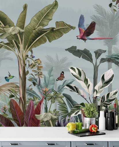 carta da parati blu della giungla chiamata Parrot Flying Through the Jungle Blue at Wallsauce per salotti