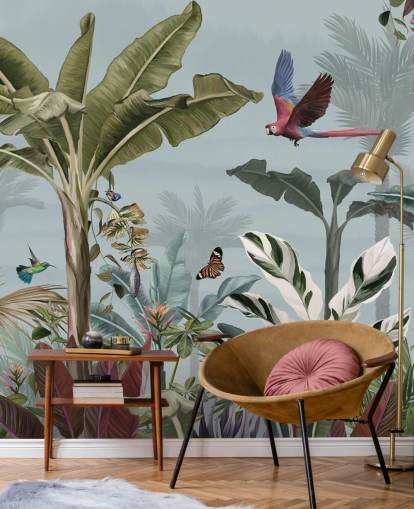blaue Dschungeltapete namens Parrot Flying Through the Jungle Blue in Wallsauce für Wohnzimmer