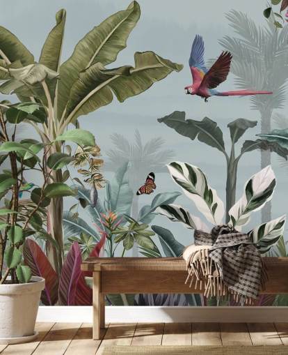 carta da parati blu della giungla chiamata Parrot Flying Through the Jungle Blue at Wallsauce per salotti