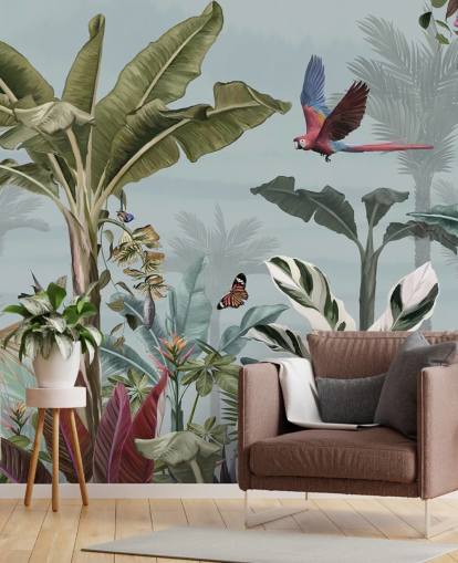 papier peint de la jungle bleue appelé Parrot Flying Through the Jungle Blue chez Wallsauce pour les salons