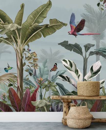 papel pintado azul de la jungla llamado Parrot Flying Through the Jungle Blue en Wallsauce para salas de estar