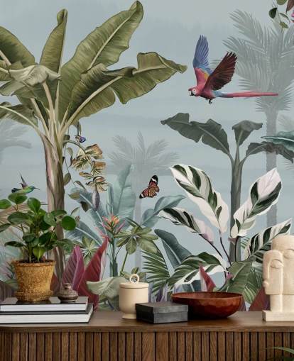 blauw junglebehang genaamd Parrot Flying Through the Jungle Blue bij Wallsauce voor woonkamers
