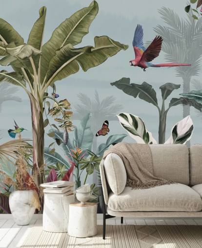 papel de parede azul da selva chamado Parrot Flying Through the Jungle Blue at Wallsauce para salas de estar