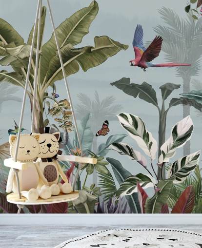 blå jungle tapet kaldet Parrot Flying Through the Jungle Blue på Wallsauce til stuer blå jungle tapet kaldet Parrot Flying Through the Jungle Blue på Wallsauce til stuer