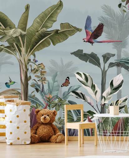 blue jungle wallpaper called Parrot Flying Through the Jungle Blue at Wallsauce for living rooms