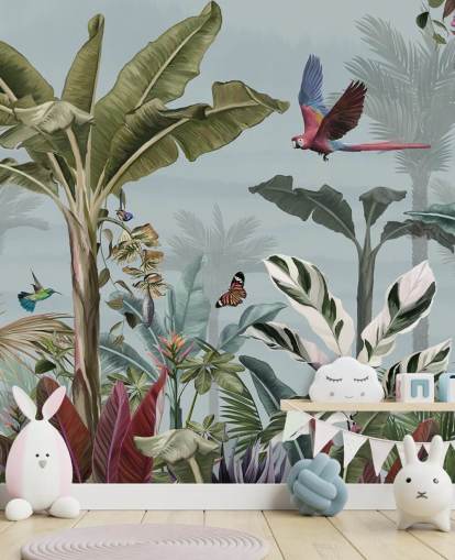 papier peint de la jungle bleue appelé Parrot Flying Through the Jungle Blue chez Wallsauce pour les salons papier peint de la jungle bleue appelé Parrot Flying Through the Jungle Blue chez Wallsauce pour les salons