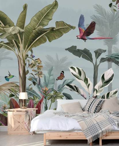 blue jungle wallpaper called Parrot Flying Through the Jungle Blue at Wallsauce for living rooms blue jungle wallpaper called Parrot Flying Through the Jungle Blue at Wallsauce for living rooms
