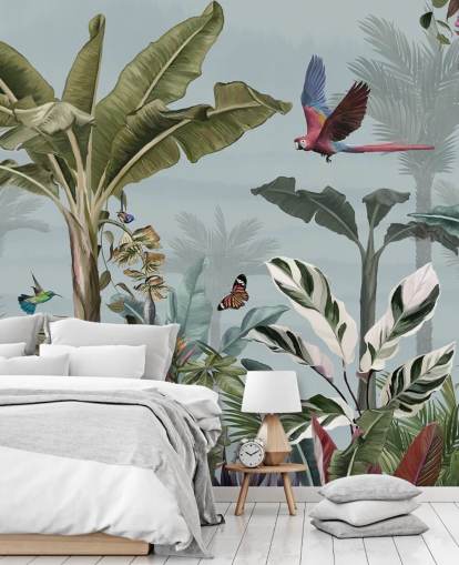 blå jungel tapet kalt Parrot Flying Through the Jungle Blue på Wallsauce for stuer