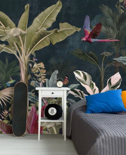 jungel tapetmaleri kalt Parrot Flying Through the Jungle på Wallsauce for soverom og stuer jungel tapetmaleri kalt Parrot Flying Through the Jungle på Wallsauce for soverom og stuer