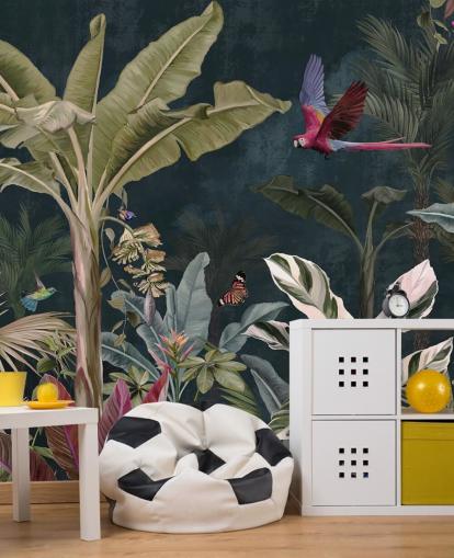 papier peint mural de la jungle appelé Parrot Flying Through the Jungle at Wallsauce pour les chambres et les salons