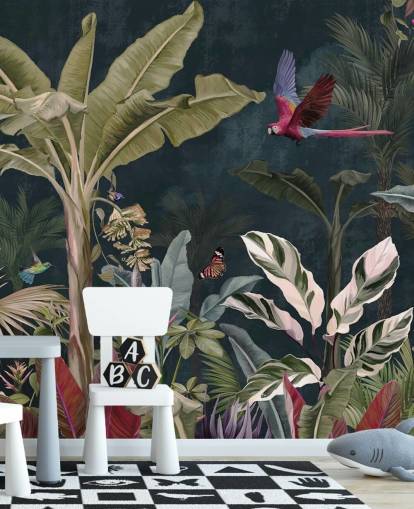 behangmuurschildering met de naam Parrot Flying Through the Jungle at Wallsauce voor slaapkamers en woonkamers