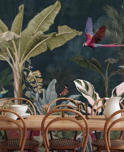 behangmuurschildering met de naam Parrot Flying Through the Jungle at Wallsauce voor slaapkamers en woonkamers