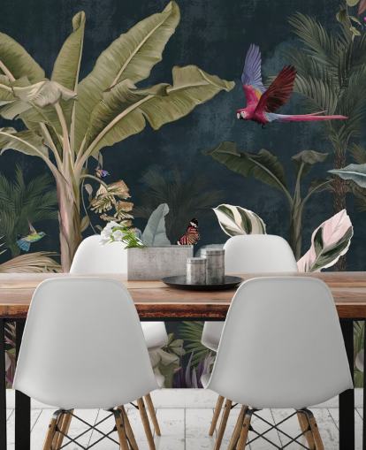 mural de papel pintado de la jungla llamado Parrot Flying Through the Jungle en Wallsauce para dormitorios y salas de estar