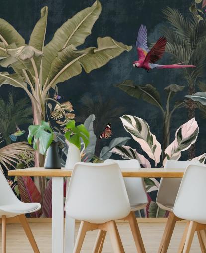 mural de papel de parede da selva chamado Parrot Flying Through the Jungle at Wallsauce para quartos e salas de estar
