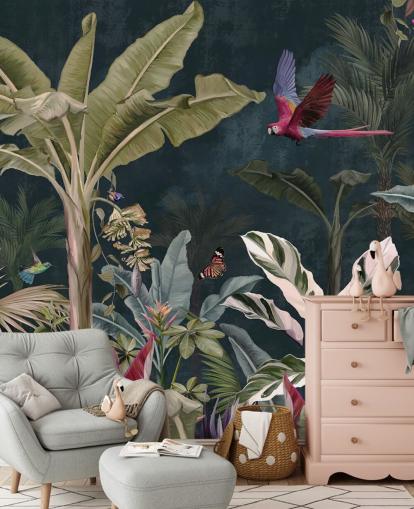 jungle wallpaper mural called Parrot Flying Through the Jungle at Wallsauce for bedrooms and living rooms