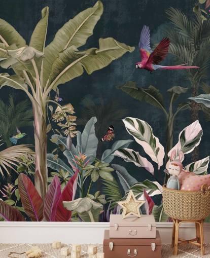 jungle wallpaper mural called Parrot Flying Through the Jungle at Wallsauce for bedrooms and living rooms