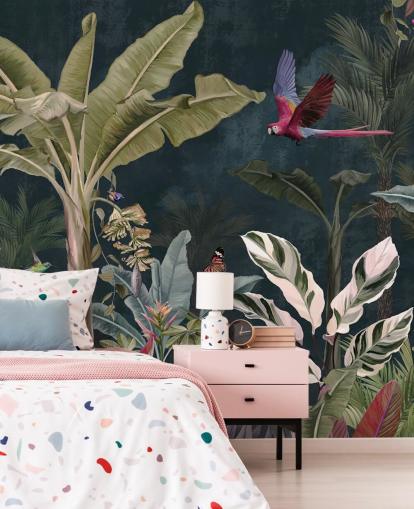 jungle wallpaper mural called Parrot Flying Through the Jungle at Wallsauce for bedrooms and living rooms