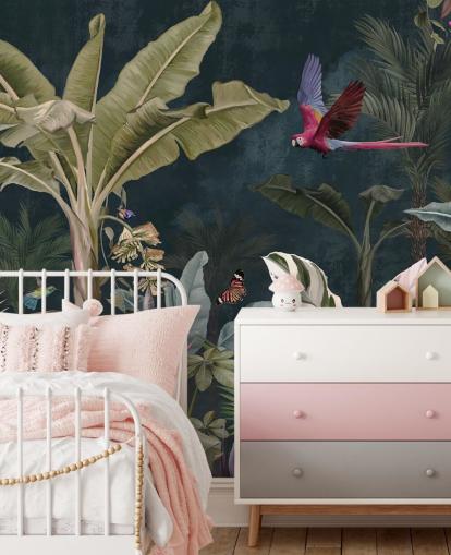 jungle wallpaper mural called Parrot Flying Through the Jungle at Wallsauce for bedrooms and living rooms