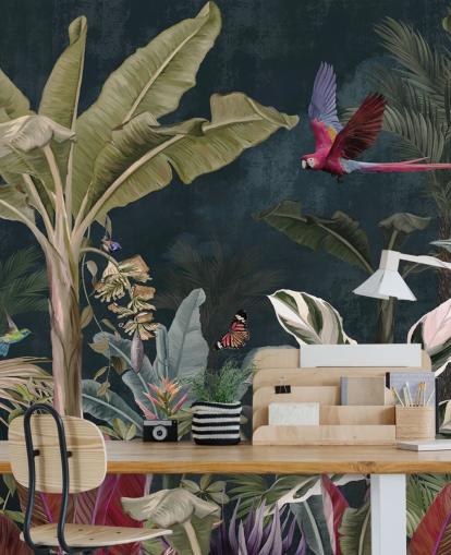jungle wallpaper mural called Parrot Flying Through the Jungle at Wallsauce for bedrooms and living rooms