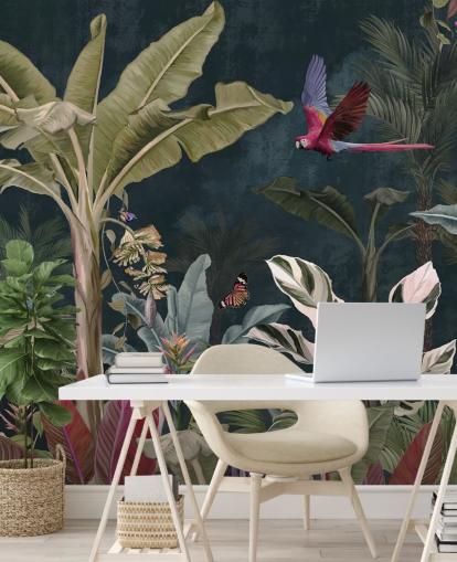 mural de papel pintado de la jungla llamado Parrot Flying Through the Jungle en Wallsauce para dormitorios y salas de estar