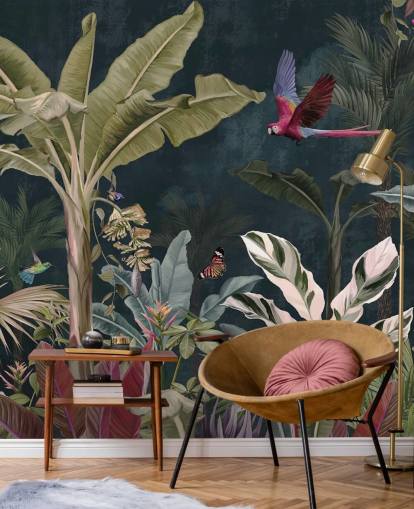 jungle wallpaper mural called Parrot Flying Through the Jungle at Wallsauce for bedrooms and living rooms