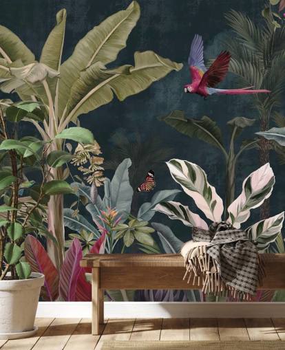papier peint mural de la jungle appelé Parrot Flying Through the Jungle at Wallsauce pour les chambres et les salons
