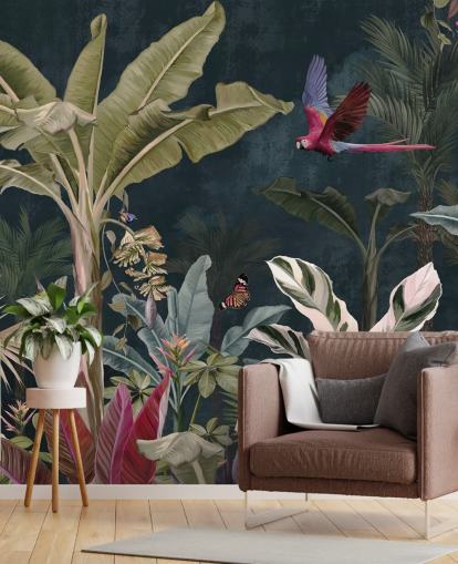 jungle tapetmaleri kaldet Parrot Flying Through the Jungle på Wallsauce til soveværelser og stuer