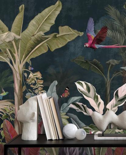 jungle wallpaper mural called Parrot Flying Through the Jungle at Wallsauce for bedrooms and living rooms