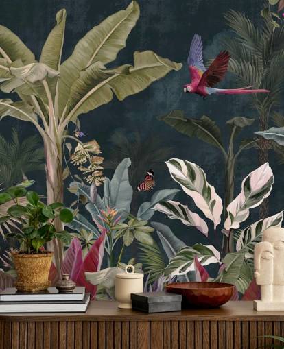 jungle wallpaper mural called Parrot Flying Through the Jungle at Wallsauce for bedrooms and living rooms