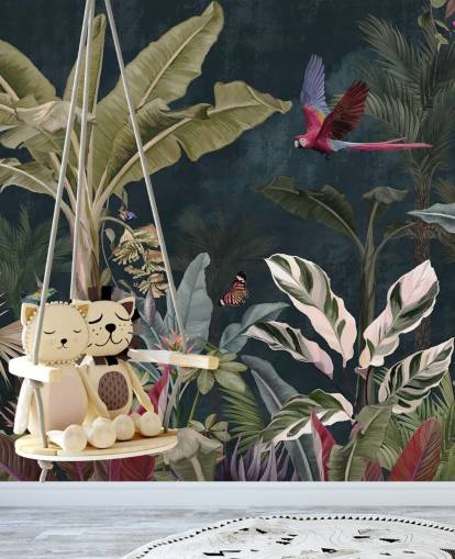 Dschungel-Tapete mit dem Titel Parrot Flying Through the Jungle at Wallsauce für Schlafzimmer und Wohnzimmer