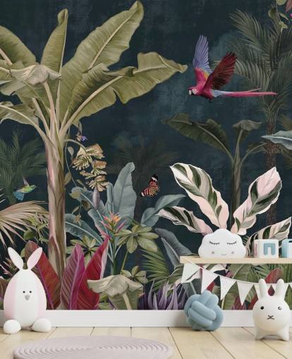 jungle wallpaper mural called Parrot Flying Through the Jungle at Wallsauce for bedrooms and living rooms
