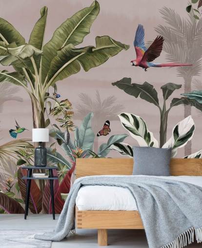 carta da parati murale rosa con giungla chiamata Parrot Flying Through the Jungle Pink at Wallsauce per camere da letto e bagni