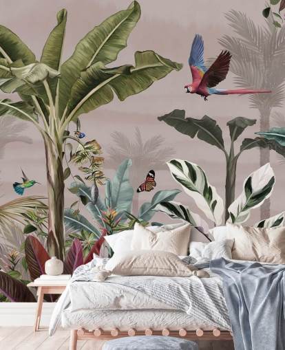 rosa jungel tapetmaleri kalt Parrot Flying Through the Jungle Pink på Wallsauce for soverom og bad