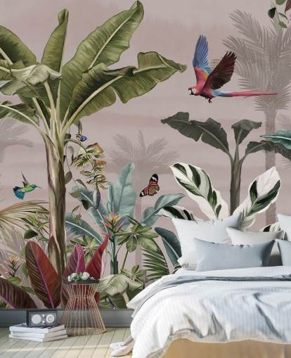 rosafarbenes Dschungel-Tapetenwandbild namens Parrot Flying Through the Jungle Pink in Wallsauce für Schlafzimmer und Badezimmer rosafarbenes Dschungel-Tapetenwandbild namens Parrot Flying Through the Jungle Pink in Wallsauce für Schlafzimmer und Badezimmer