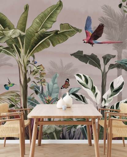 carta da parati murale rosa con giungla chiamata Parrot Flying Through the Jungle Pink at Wallsauce per camere da letto e bagni