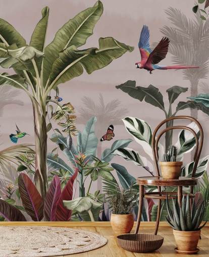carta da parati murale rosa con giungla chiamata Parrot Flying Through the Jungle Pink at Wallsauce per camere da letto e bagni