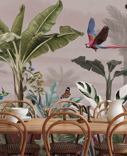 rosa djungel tapetväggmålning som heter Parrot Flying Through the Jungle Pink på Wallsauce för sovrum och badrum