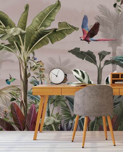 mural rosa de la jungla llamado Parrot Flying Through the Jungle Pink at Wallsauce para dormitorios y baños mural rosa de la jungla llamado Parrot Flying Through the Jungle Pink at Wallsauce para dormitorios y baños