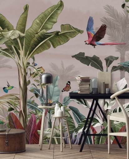lyserød jungle tapetmaleri kaldet Parrot Flying Through the Jungle Pink på Wallsauce til soveværelser og badeværelser lyserød jungle tapetmaleri kaldet Parrot Flying Through the Jungle Pink på Wallsauce til soveværelser og badeværelser