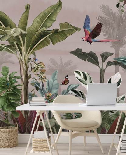 papier peint mural de la jungle rose appelé Parrot Flying Through the Jungle Pink at Wallsauce pour chambres et salles de bain