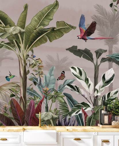 rosa djungel tapetväggmålning som heter Parrot Flying Through the Jungle Pink på Wallsauce för sovrum och badrum rosa djungel tapetväggmålning som heter Parrot Flying Through the Jungle Pink på Wallsauce för sovrum och badrum