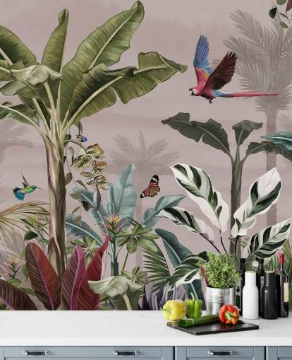 pink jungle wallpaper mural called Parrot Flying Through the Jungle Pink at Wallsauce for bedrooms and bathrooms