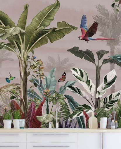 carta da parati murale rosa con giungla chiamata Parrot Flying Through the Jungle Pink at Wallsauce per camere da letto e bagni