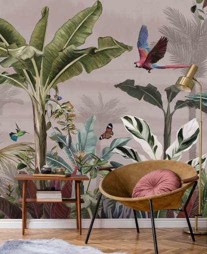 mural de papel de parede rosa da selva chamado Parrot Flying Through the Jungle Pink at Wallsauce para quartos e banheiros mural de papel de parede rosa da selva chamado Parrot Flying Through the Jungle Pink at Wallsauce para quartos e banheiros