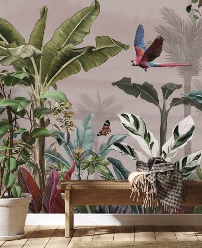 pink jungle wallpaper mural called Parrot Flying Through the Jungle Pink at Wallsauce for bedrooms and bathrooms