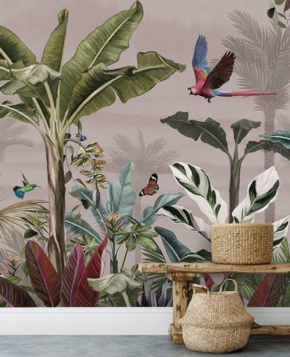 carta da parati murale rosa con giungla chiamata Parrot Flying Through the Jungle Pink at Wallsauce per camere da letto e bagni carta da parati murale rosa con giungla chiamata Parrot Flying Through the Jungle Pink at Wallsauce per camere da letto e bagni