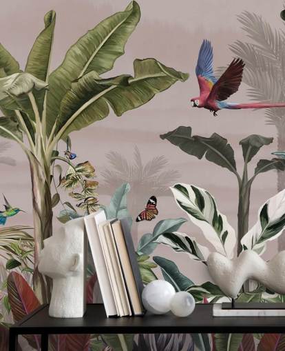 rosa djungel tapetväggmålning som heter Parrot Flying Through the Jungle Pink på Wallsauce för sovrum och badrum rosa djungel tapetväggmålning som heter Parrot Flying Through the Jungle Pink på Wallsauce för sovrum och badrum