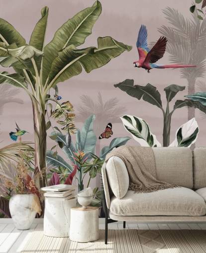 mural de papel de parede rosa da selva chamado Parrot Flying Through the Jungle Pink at Wallsauce para quartos e banheiros mural de papel de parede rosa da selva chamado Parrot Flying Through the Jungle Pink at Wallsauce para quartos e banheiros