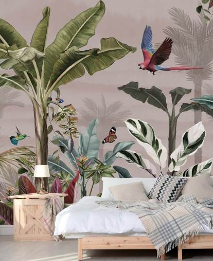 mural de papel de parede rosa da selva chamado Parrot Flying Through the Jungle Pink at Wallsauce para quartos e banheiros